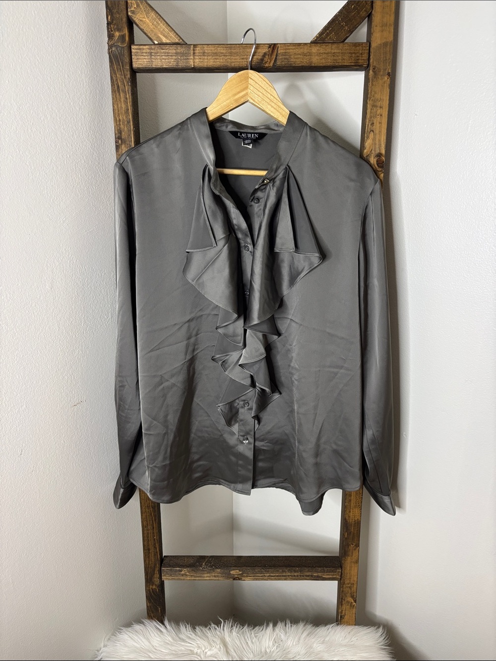 Lauren Ralph Lauren Charcoal Gray Ruffle-Front Dress Shirt Size XL